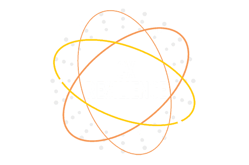 A logo for "CX Resilience" The DRG's approach to CX measurement. The logo is in the shape of an atom, with layered orange and yellow ellipses and white dots placed like electrons. The words "CX Resilience," a CX tracking approach supporting adaptive resilience, are in bold white text in the center of the atom-shaped logo.